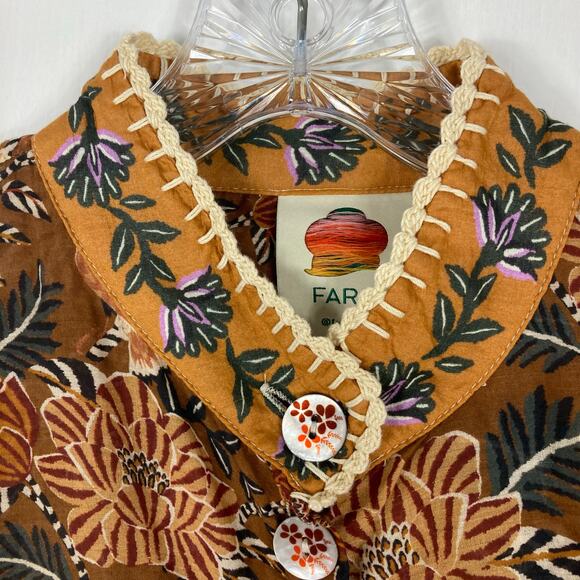 Nwot FARM RIO Top L Cream Brown Floral Pearly-Button Crochet Puff-Balloon-Sleeve - Picture 8 of 16